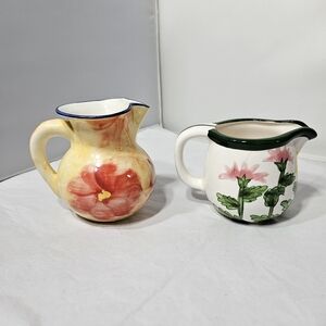 Lot of 2 Small Pretty Floral Flowers Ceramic Pitchers Creamers